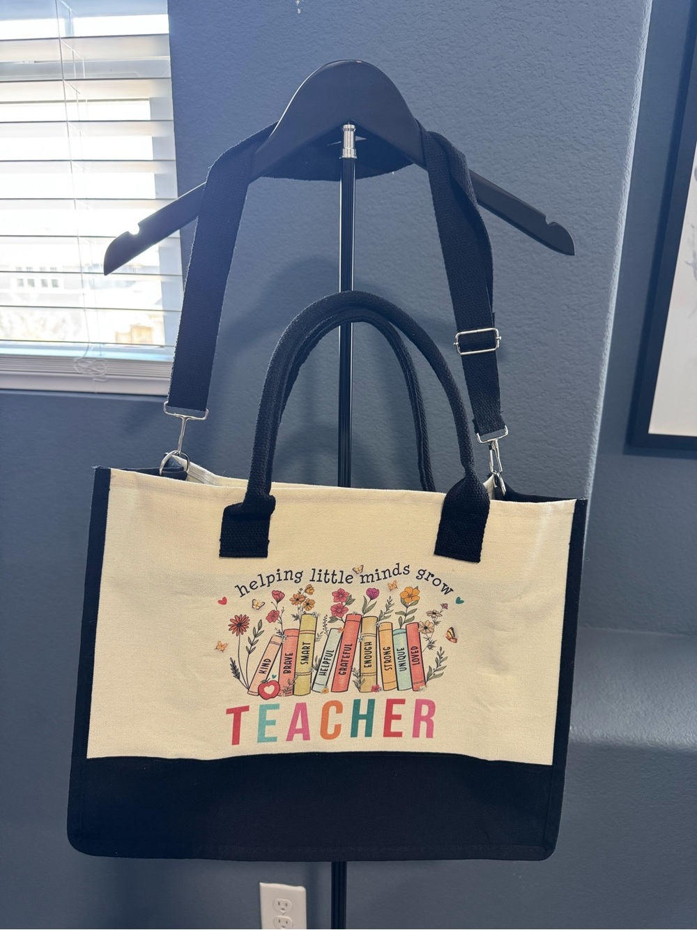 NWOT Teacher Canvas Tote Bag in Cream and Black